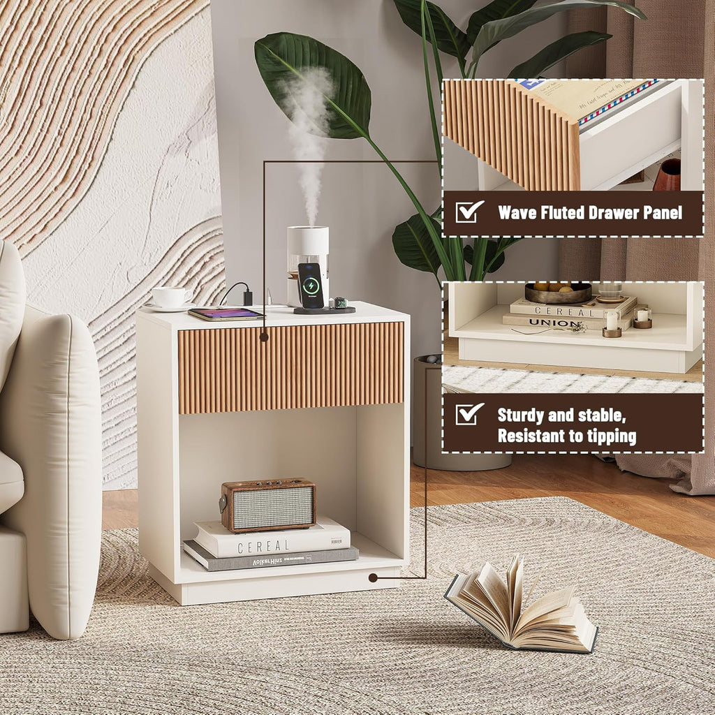 End Table with Charging Station, Fluted Nightstands Set of 2,Modern Bedside Table with Drawer and Storage Shelf, Wood End Table Mid Century Night Stands for Bedroom Living Room(White+Oak)