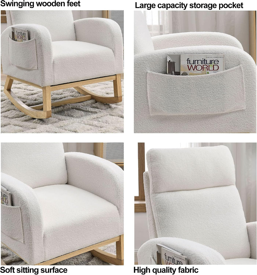 Dolonm Rocking Chair Mid-Century Modern Nursery Rocking Armchair Upholstered Tall Back Accent Glider Rocker for Living Room (White,Teddy)