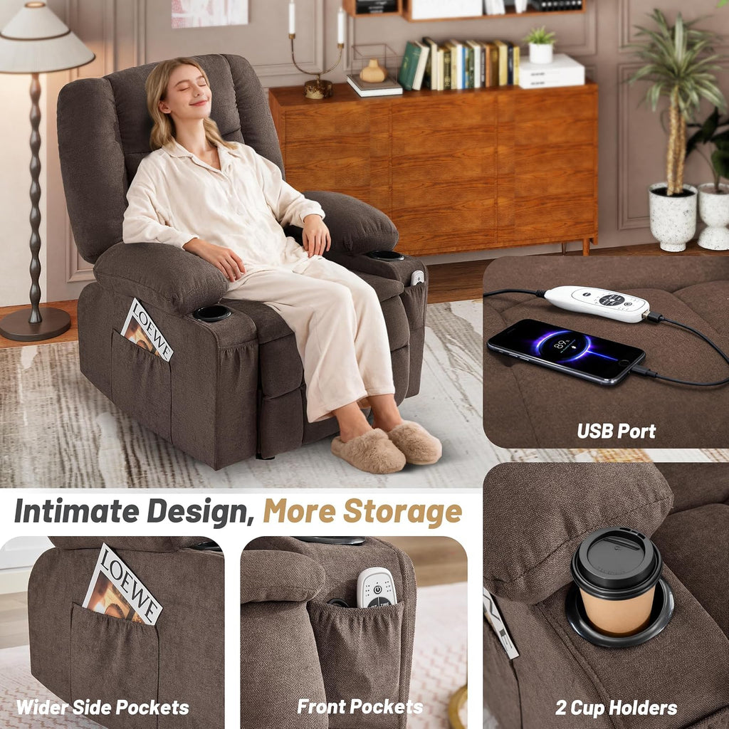 Rocker Recliner Chair with Massage and Heat, Nursery Rocking Chairs for Living Room, Ergonomic Comfy Relining Chair with Cup Holders, USB Charge Port, Side Pockets, Comfortable Arms, Brown