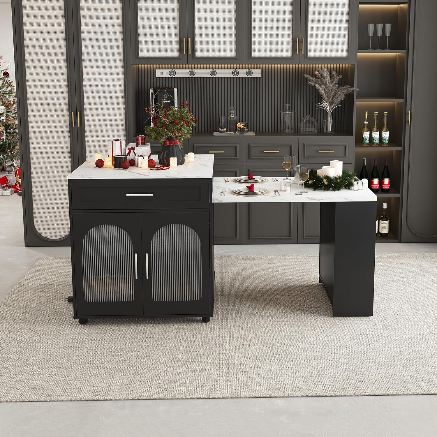 80-inch Expandable Kitchen Island with Dining Table, Marble-Grain Countertop with Power Outlet, Mobile Storage Cart with Cabinet & 2 Drawers, Kitchen Prep Table(Black, 80.7)