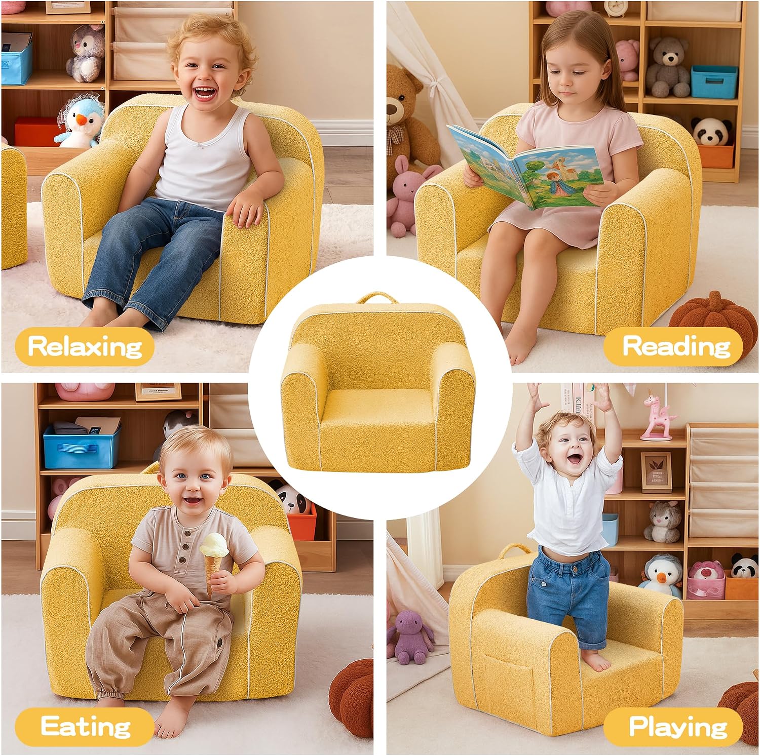 DAICO Ultra-Soft Foam Kids Sofa Chair, Cozy Toddler Bean Bag Chair with Armrests for Boys and Girls, Teddy Lazy Sofa Couch for Reading & Playing, Yellow, Small