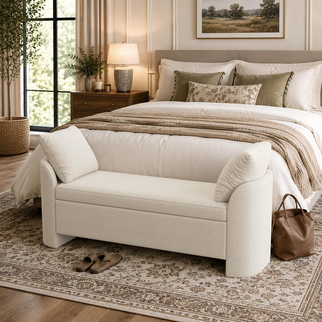 Usaint 58.3" Storage Ottoman Bench with Pillows, Upholstered End of Bed Bench with Arms, Footrest Stool Bench for Bedroom, Living, Window, Entryway and Hallway, Beige