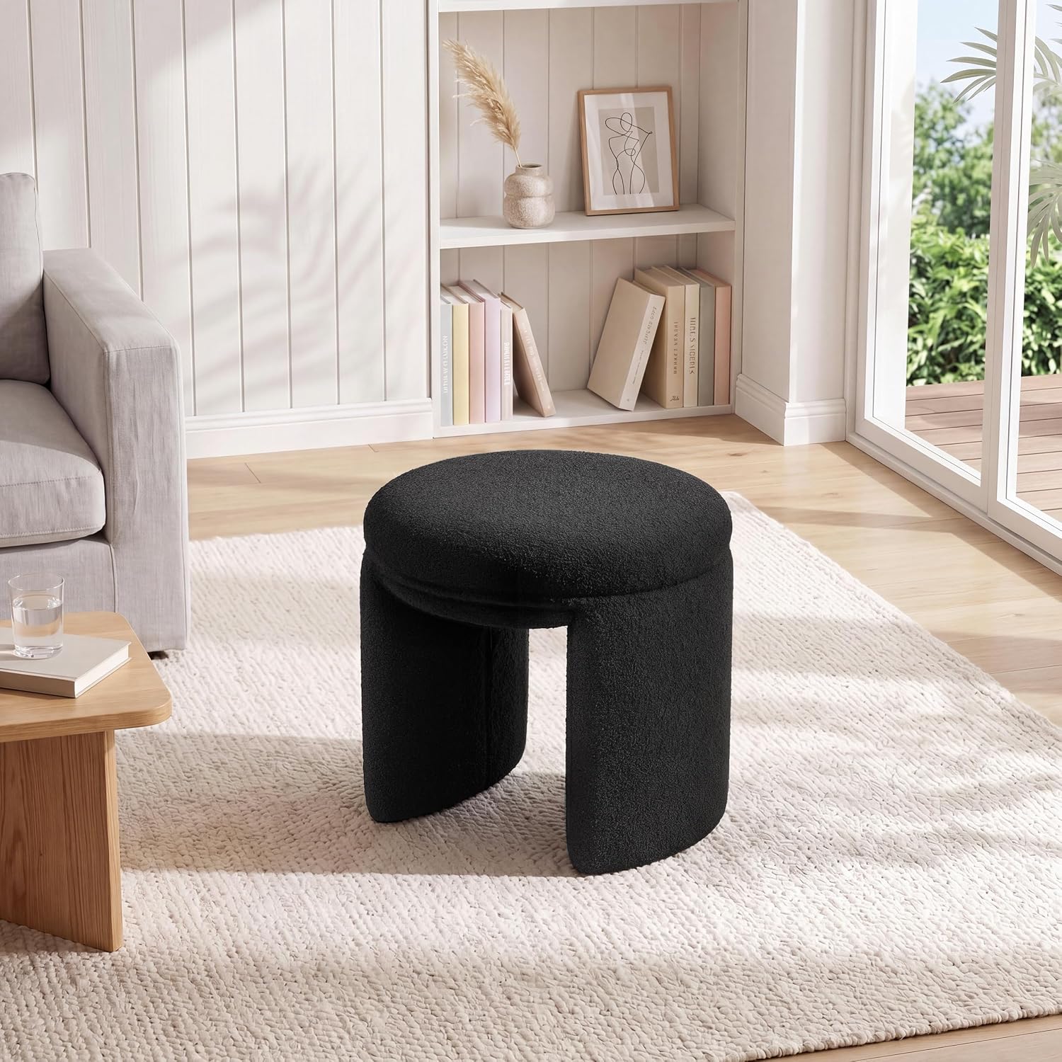 Boucle Ottoman, Round Sherpa Vanity Stool Chair, Small Upholstered Modern Teddy Footstool for Makeup, Living Room, Entryway, Bedroom,Black