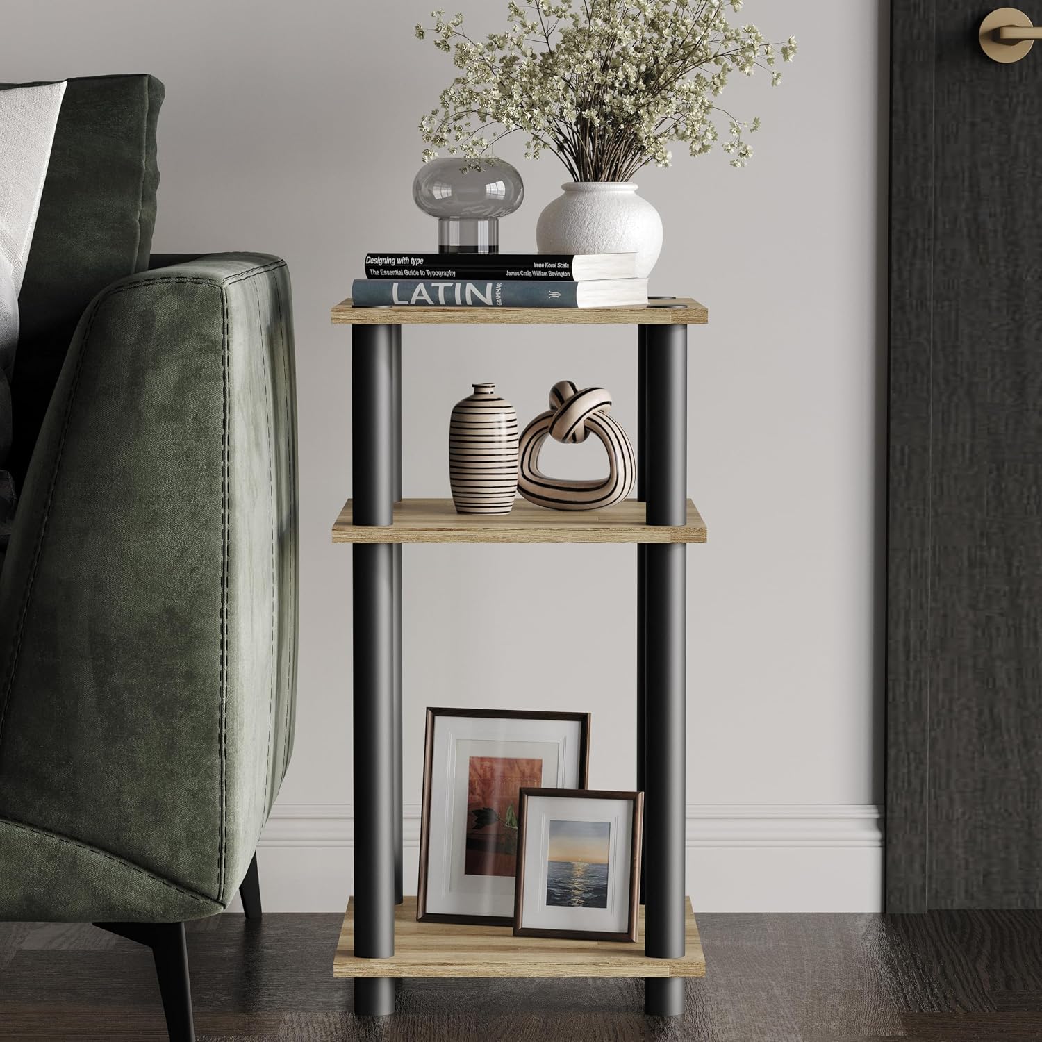 3-Tier End Table with Open Shelves, Natural Oak