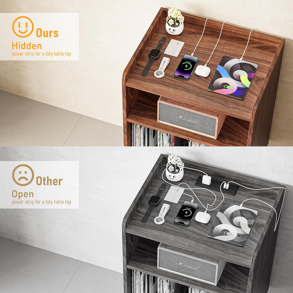 Record Player Stand, Turntable Stand with Record Storage and Charging Station & USB Ports, Record Player Table with Metal Divider, Record Stand Up to 160 Albums for Living Room, Bedroom Walnut