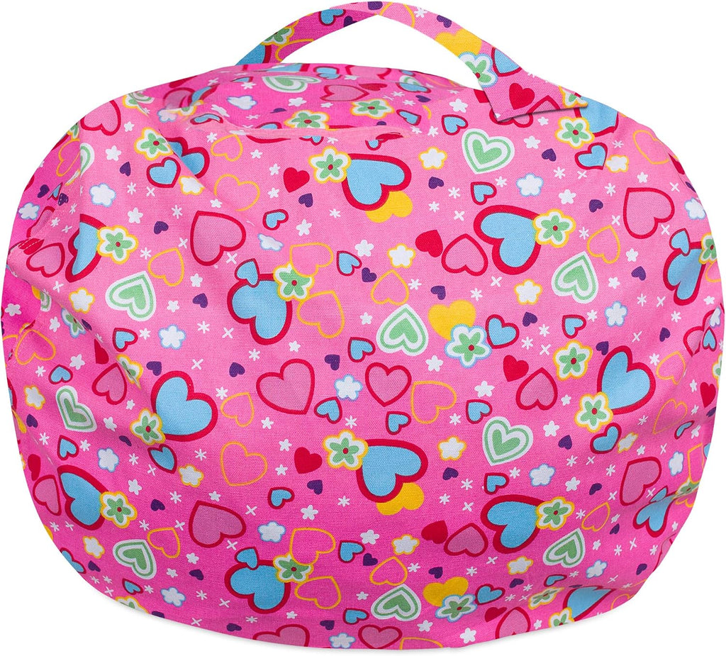 Posh Stuffable Kids Stuffed Animal Storage Bean Bag Chair Cover - Childrens Toy Organizer, X-Large-48 - Canvas Multi-Colored Hearts on Pink