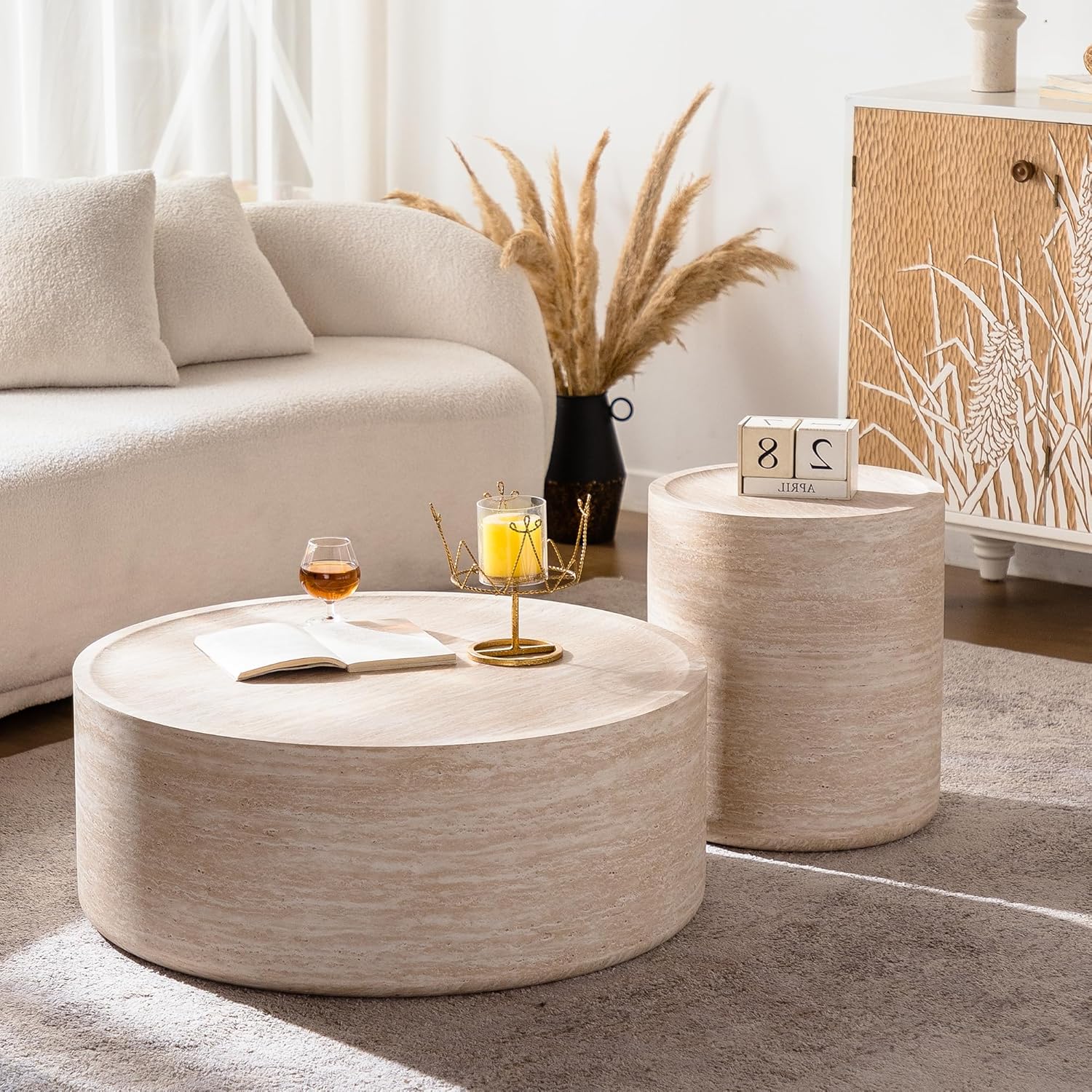 Henf Round End Table Faux Travertine Modern Sofa Side Table for Living Room, Modern Small Circle Faux Marble Side Table for Apartment, No Assembly Required