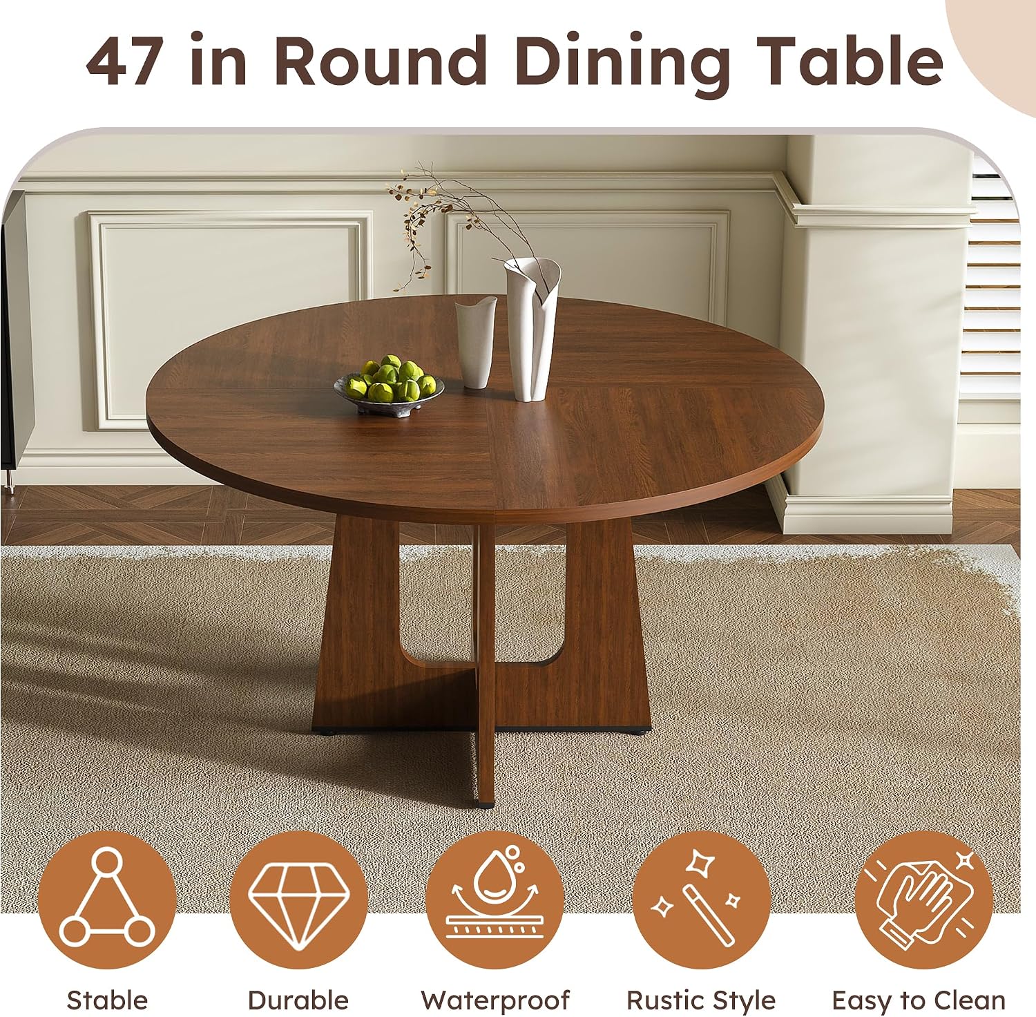 47" Round Dining Table Set for 6, Walnut Wood Grain Table and 6 Brown Suede Upholstered Chairs Set, Mid Century Modern Kitchen Table Set with Cross Legs