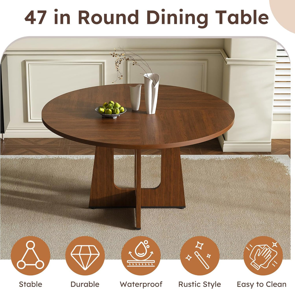 47" Round Dining Table Set for 4, Walnut Wood Grain Table and 4 Brown Suede Upholstered Chairs Set, Mid Century Modern Kitchen Table Set with Cross Legs