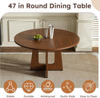 47" Round Dining Table Set for 4, Walnut Wood Grain Table and 4 Brown Suede Upholstered Chairs Set, Mid Century Modern Kitchen Table Set with Cross Legs