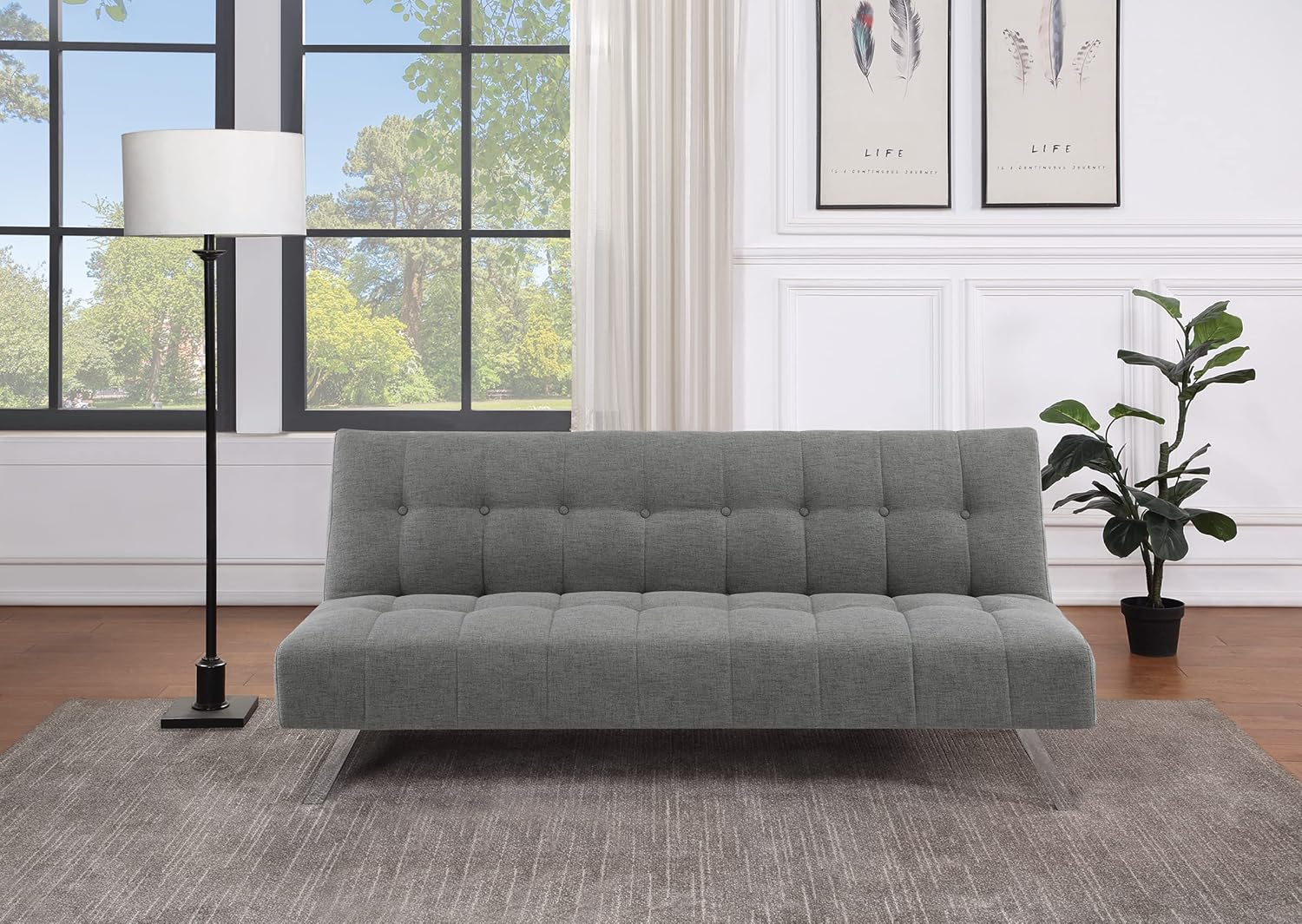 OSP Home Furnishings Sawyer Convertible Futon Sofa with Easy Lift and Stainless Steel Legs, Grey Fabric