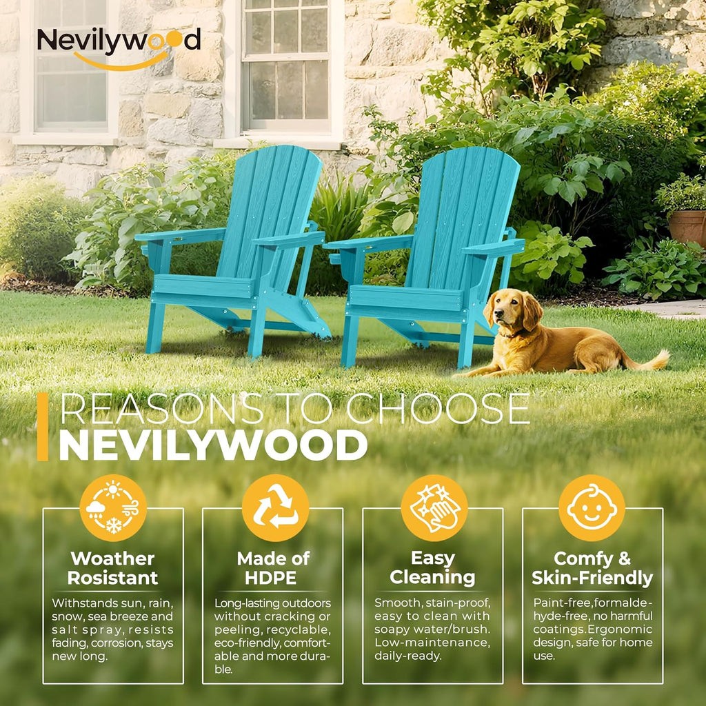 nevilywood HDPE Foldable Adirondack Chairs Set of 2, Waterproof All-Weather Outdoor Design, for Fire Pit, Patio & Beach, Aruba