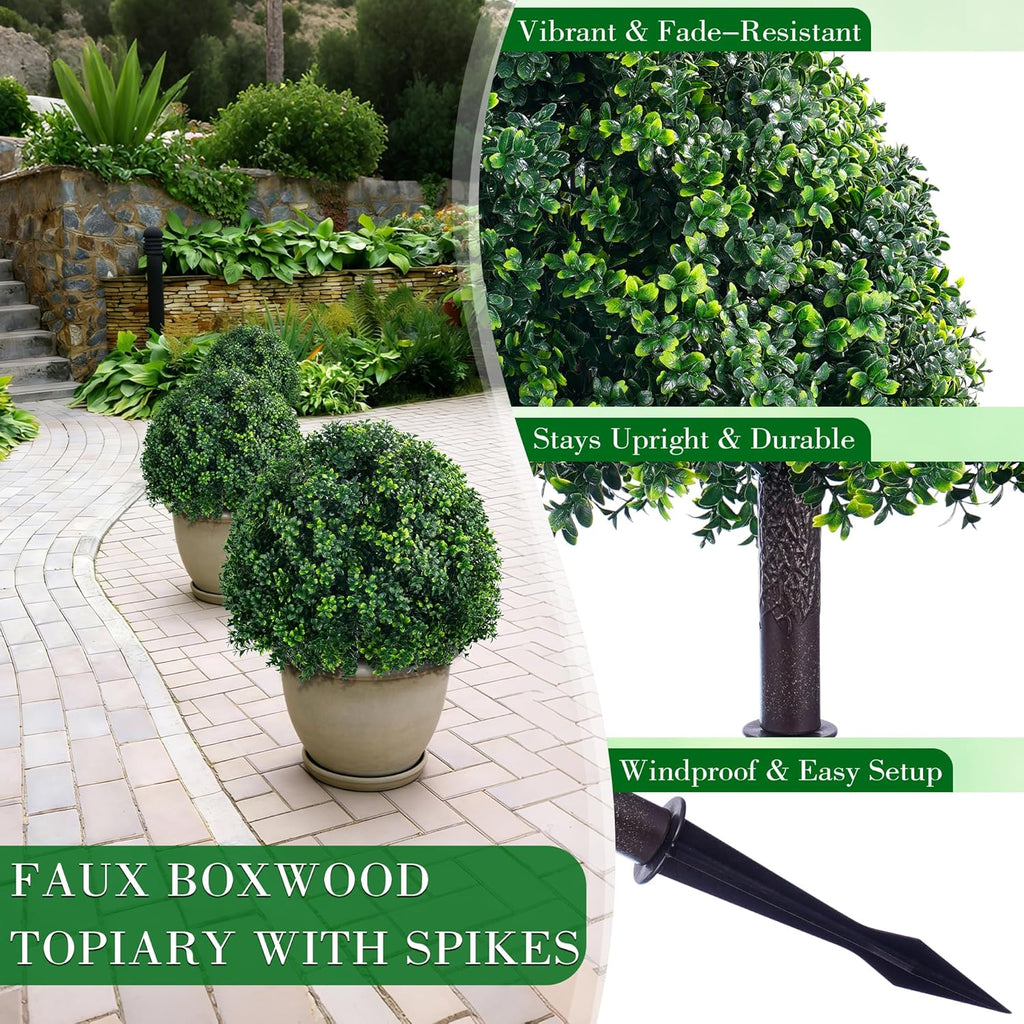 24.8 Inch Artificial Boxwood Trees, 2 Sets Faux Boxwood Topiary with Spikes, Pot Filler Fake Shrubs Plants for Outdoor PlantersFront Porch Decor Round Topiary Bush Balls Home Garden Spring