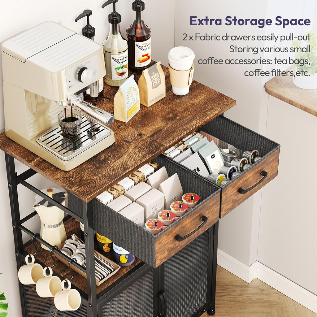 SWTYMIKI Coffee Bar Cabinet with Drawer - 20.47" Coffee Stand Station with Removable Hooks, Buffet Cabinet for Coffee Maker or Microwave, Kitchen Bar Table Storage Organizer, Espresso
