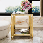 Black Mirror End Table for Living Room, Square,Asymmetrical Metal, Gold Lower Shelf, 19.9"