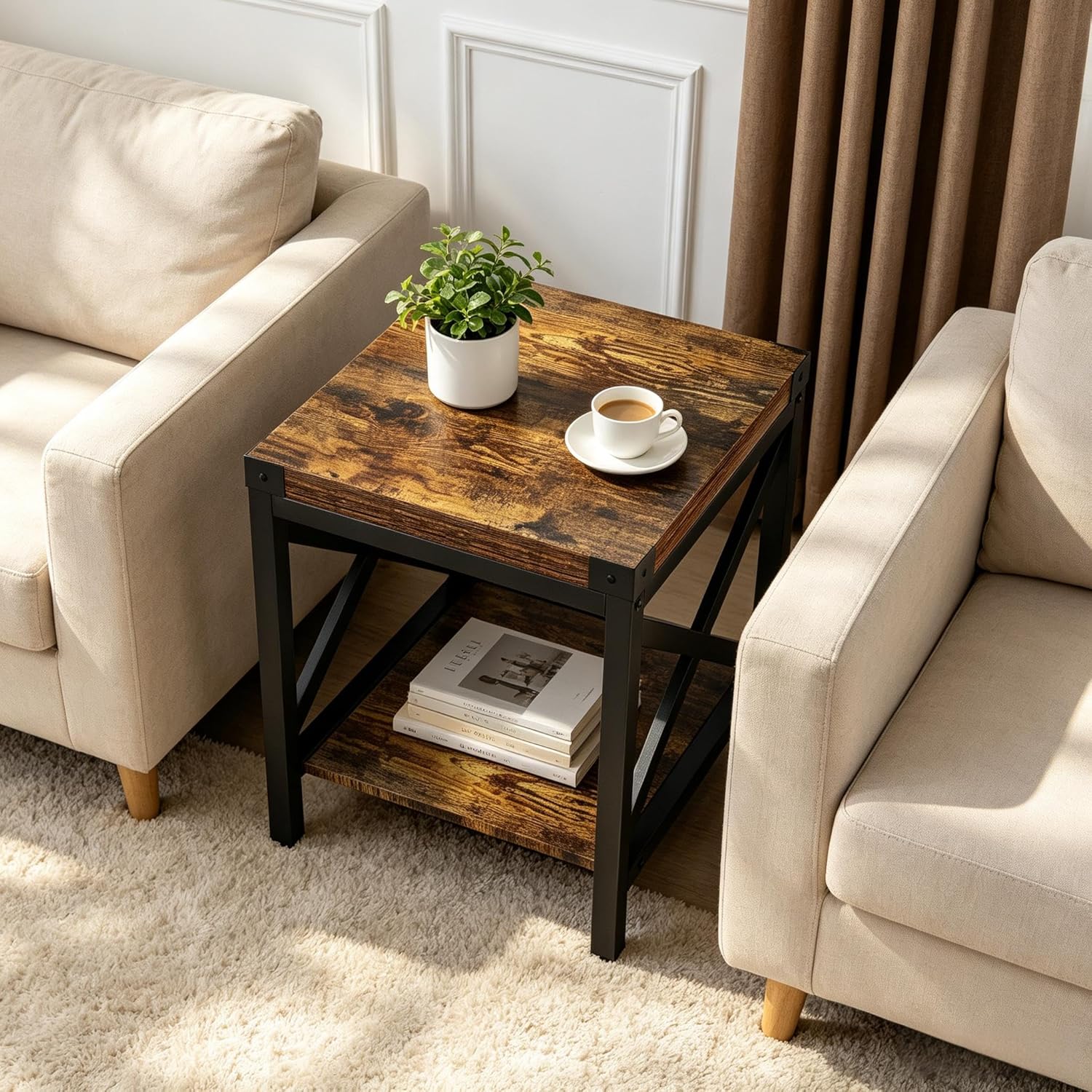 Industrial End Table for Living Room, 18" Large Square Side Table with 2-Tier Storage Shelf, X-Design Metal Frame, Rustic Brown Modern Farmhouse Nightstand Bedside Table for Bedroom Office
