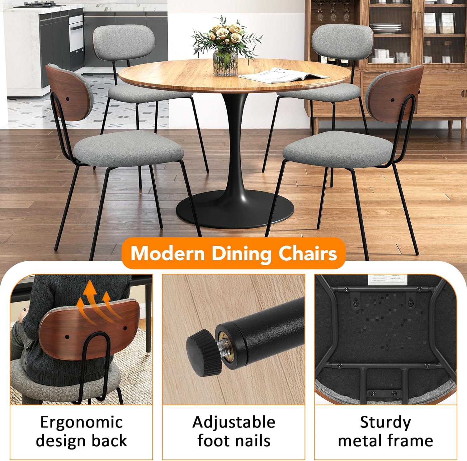 LSSPAID Dining Chairs Set of 2, Linen Fabric Upholstered Dining Room Chairs with Walnut Bentwood Back, Mid-Century Modern Kitchen Chairs with Adjustable Feet Pads, Grey
