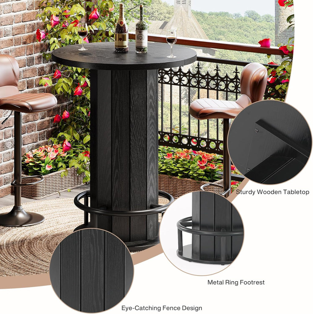Tribesigns Round Bar Table, 39.4" H Wood Bistro Pub Table with Metal Ring Footrest for Dining Coffee Cocktail Living Room, Small Space, Black (Only Table)