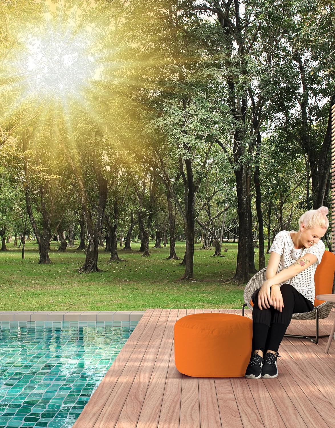Gouchee Home Dotcom Soleil Bean Bag Round Pouf Ottoman, Orange - Waterproof, Fade-Resistant Ottoman Foot Rest for Outdoor Chair Filled with High-Density Polystyrene Beads, 20" D x 12" H