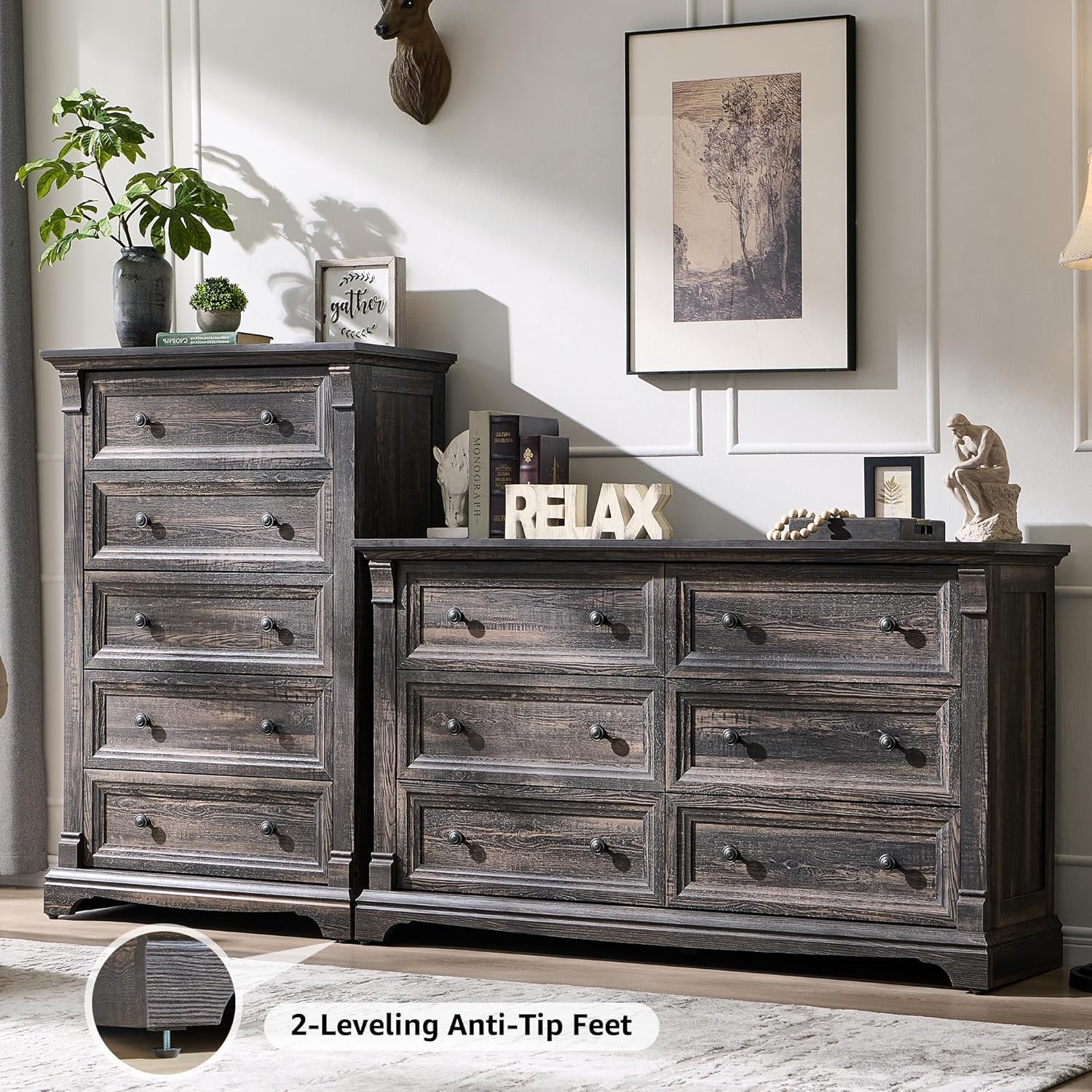 6 Drawers Dresser for Bedroom, 54" Wide Wood Large Dressers w/Roman Column | Dressers & Chests of Drawers, Wooden Dresser TV Stand for Nursery Bedroom Living Room Hallway,Dark Rustic Oak