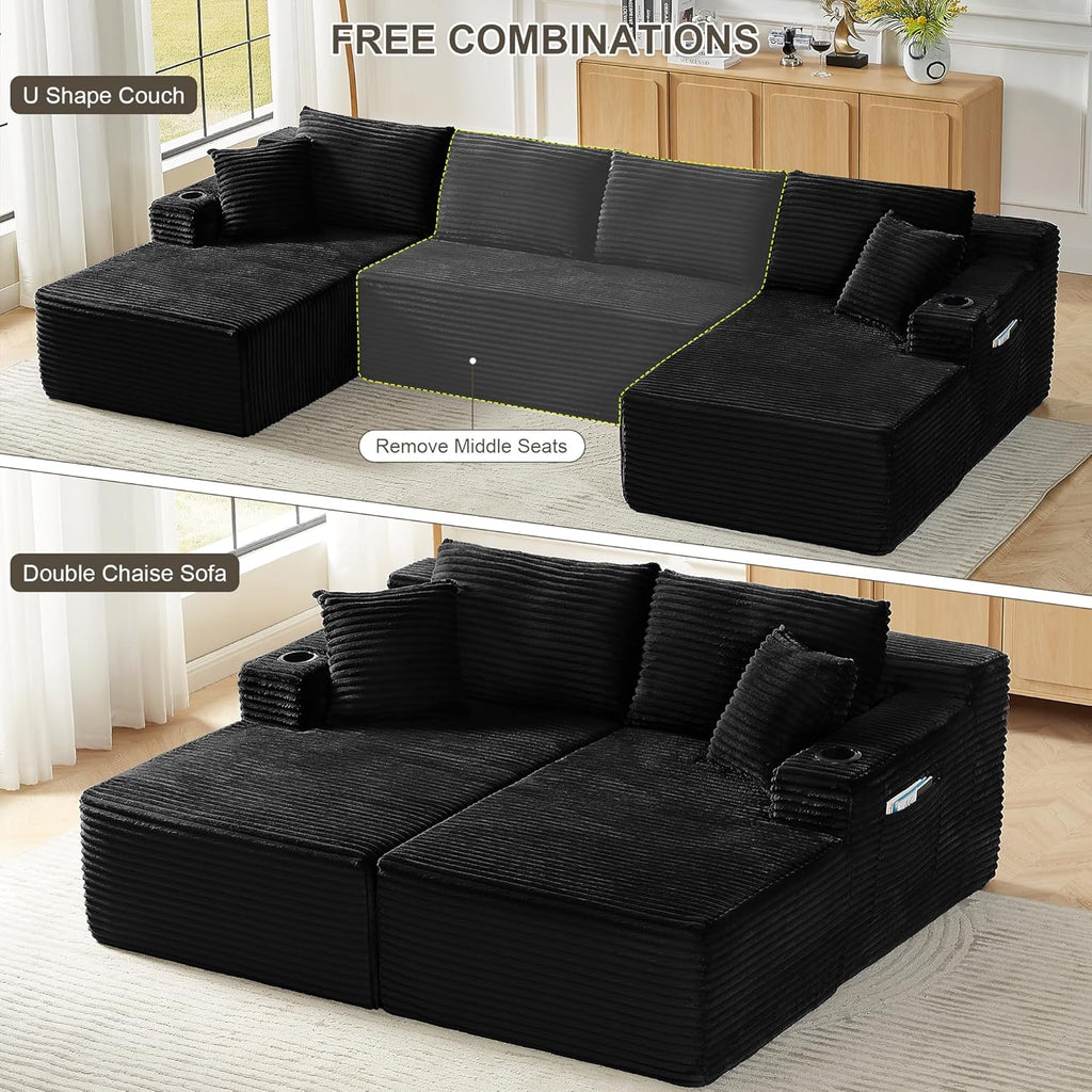 Tmsan 133.5" Black Boneless Sectional Sofa Couches for Living Room, Oversized U Shaped Cloud Modular Set with Cup Holders & Side Pockets & Deep Seat, Comfy Corduroy Foam Compressed No Assembly