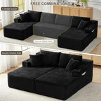 Tmsan 133.5" Black Boneless Sectional Sofa Couches for Living Room, Oversized U Shaped Cloud Modular Set with Cup Holders & Side Pockets & Deep Seat, Comfy Corduroy Foam Compressed No Assembly