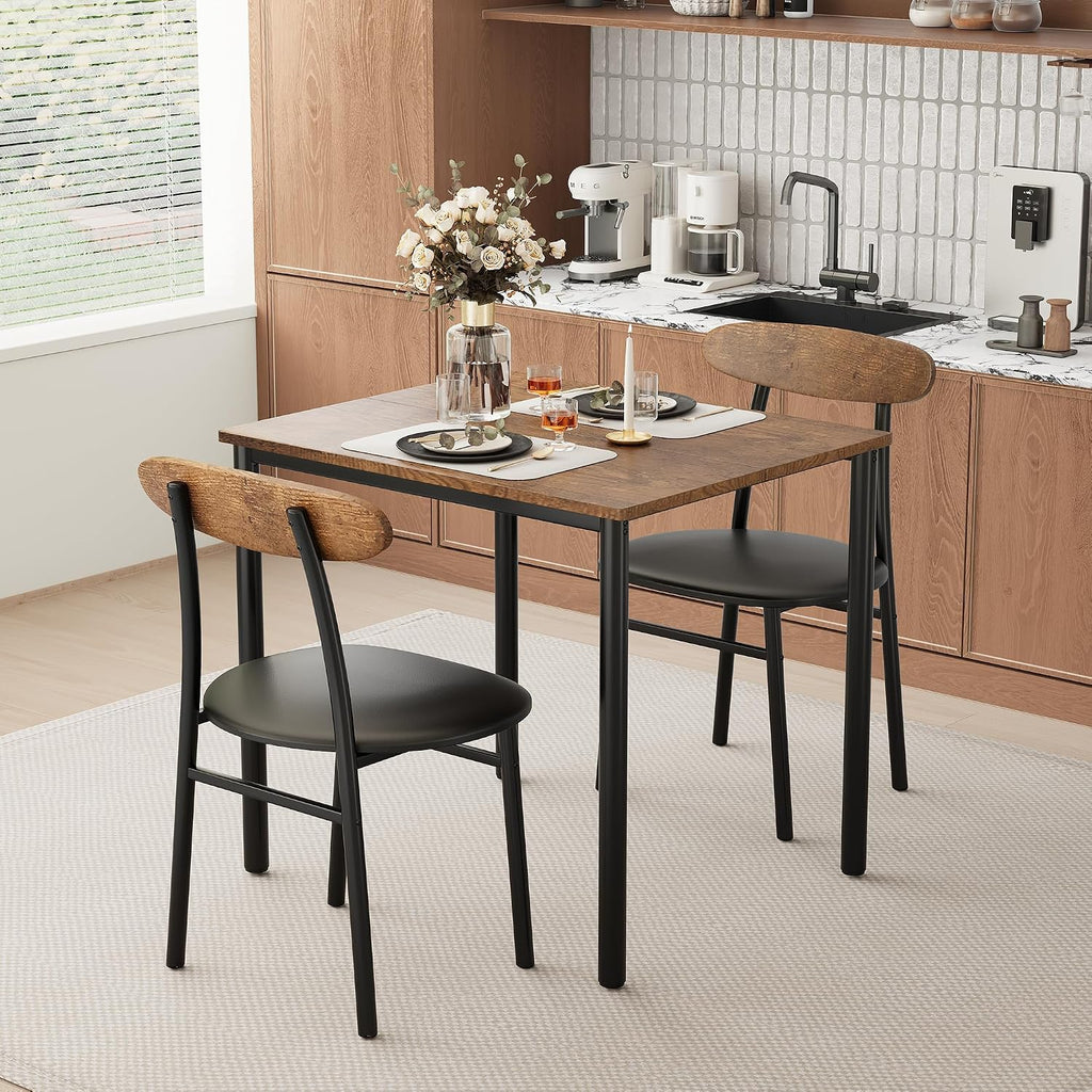 Yumori Dining Table Set for 2, Wood Square Table with 2 Upholstered Chairs for Kitchen and Dining Room, Space Saving (Rustic Brown)