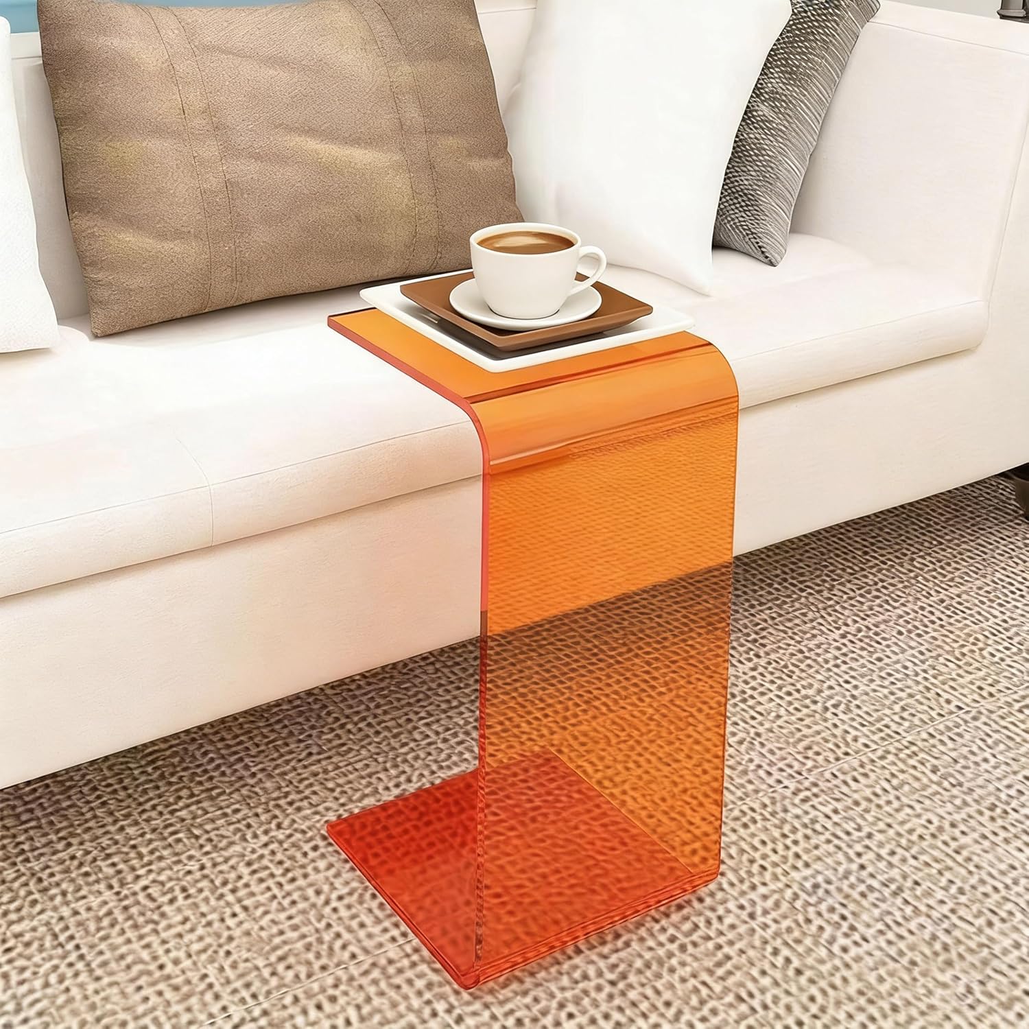 C-Shape Clear End Table, Transparent Small Multipurpose Side Nightstand Bedside, Modern Acrylic C-Shaped Sofa Side Table for Living Room Bedroom Home Decor Office (Orange, 55cm/21.6in, Acrylic)