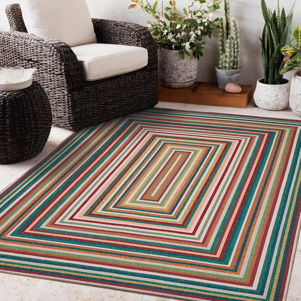 Multicolor Washable Outdoor Rug 8' x 10', Colorful, Stain Resistant, Easy Clean, Waterproof, Durable Area Rug for Outdoor Patio, Deck, Porch, Entryway, Foyer