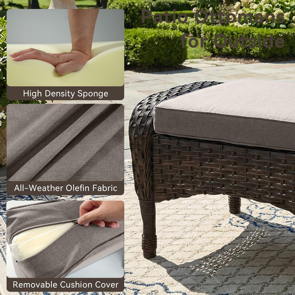 Outdoor Ottomans for Patio Foot Rest - 25 Inch PE Wicker Foot Stool Set of 2 with Removable Cushions for Patio Furniture Sets,All Weather Rattan Ottoman for Balcony Deck Blue/Gray