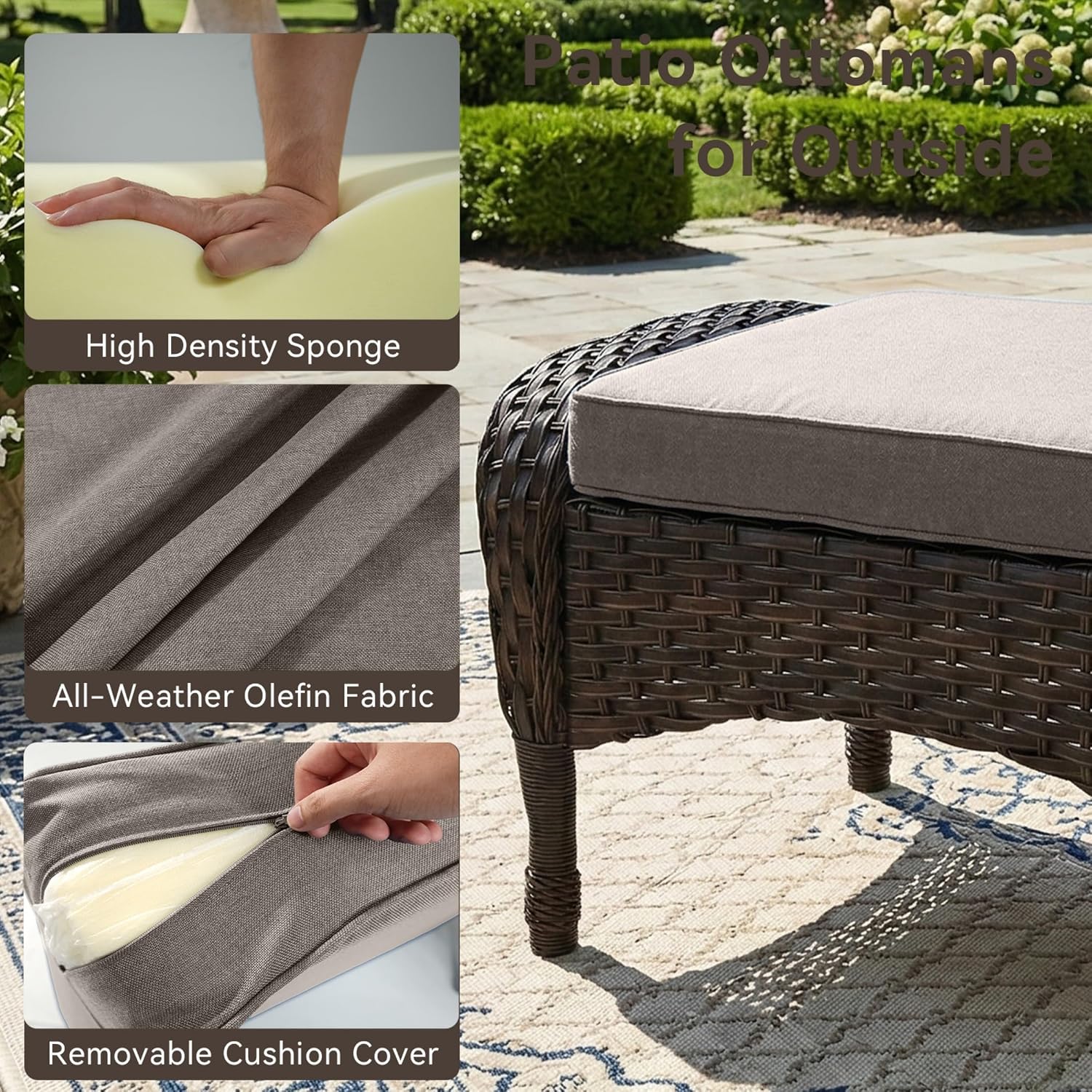 Outdoor Ottomans for Patio Foot Rest - 25 Inch PE Wicker Foot Stool Set of 2 with Removable Cushions for Patio Furniture Sets,All Weather Rattan Ottoman for Balcony Deck Blue/Gray