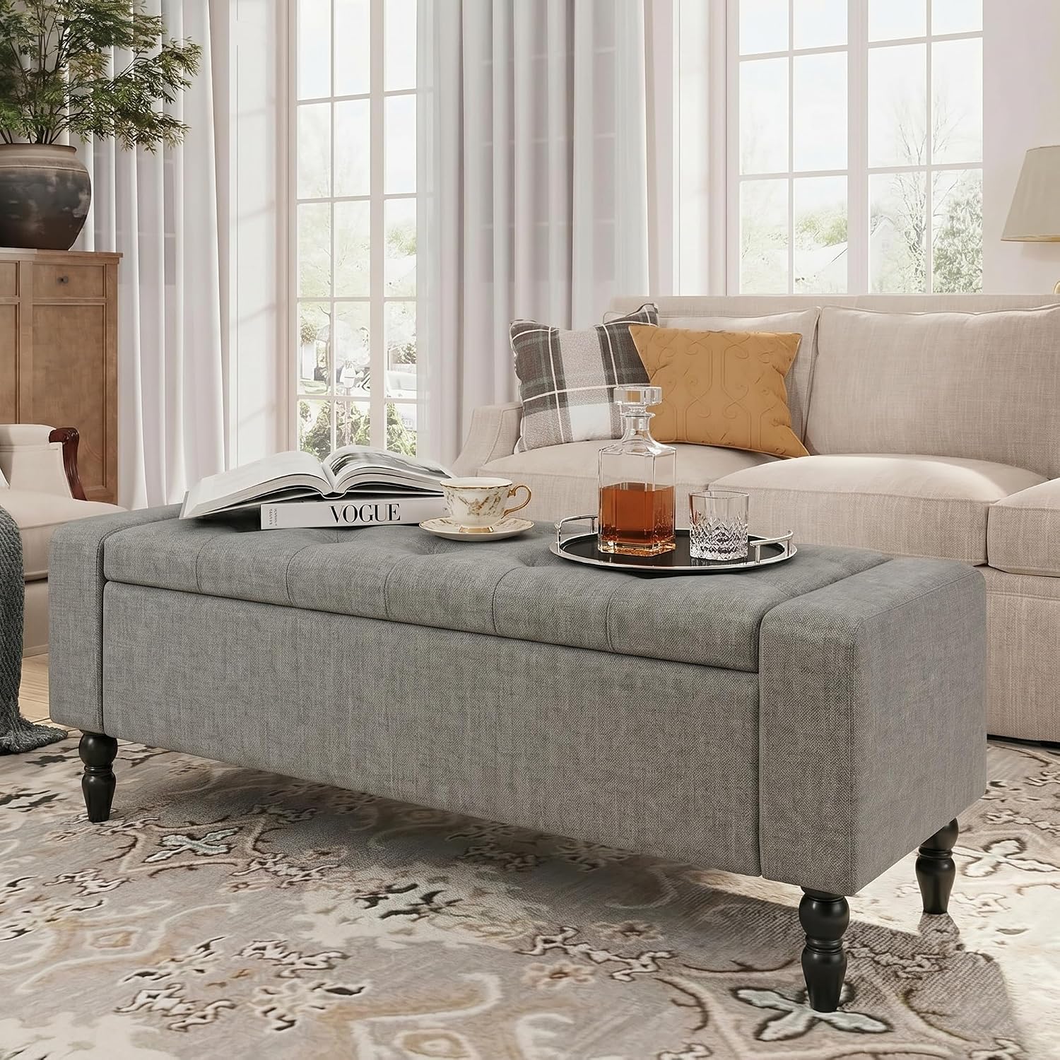 Storage Bench for End of Bed, 47 Inch Upholstered Storage Ottoman Bench with Removable Lid, Diamond Tufted Hidden Storage Bench for Bedroom, Entryway Bench with Solid Wood Legs, Gray