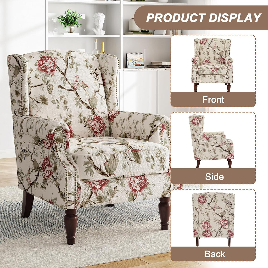 Pia Ricco High Back Floral Accent Chair - Retro Wingback Upholstered Armchair with Nailhead Trim, Solid Wood Legs, Fabric Living Room Bedroom Reading Chair (Flower Beige)
