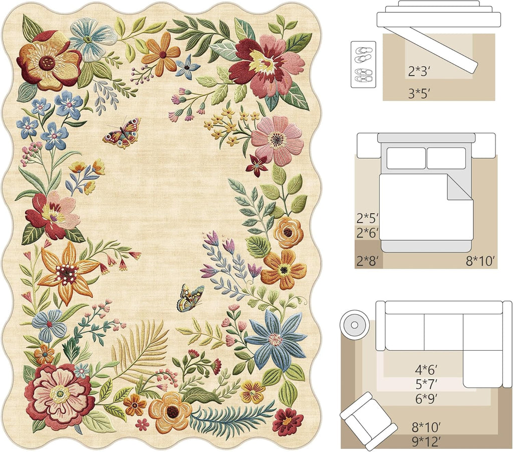 FMFUNCTEX 8x10 Floral Washable Area Rug Beige Neutral Vintage Flower Botanical Cottage Boho Cream Scalloped Soft Non Slip Low Pile Large Indoor Thin Carpet for Living Room Bedroom Dining Room Nursery