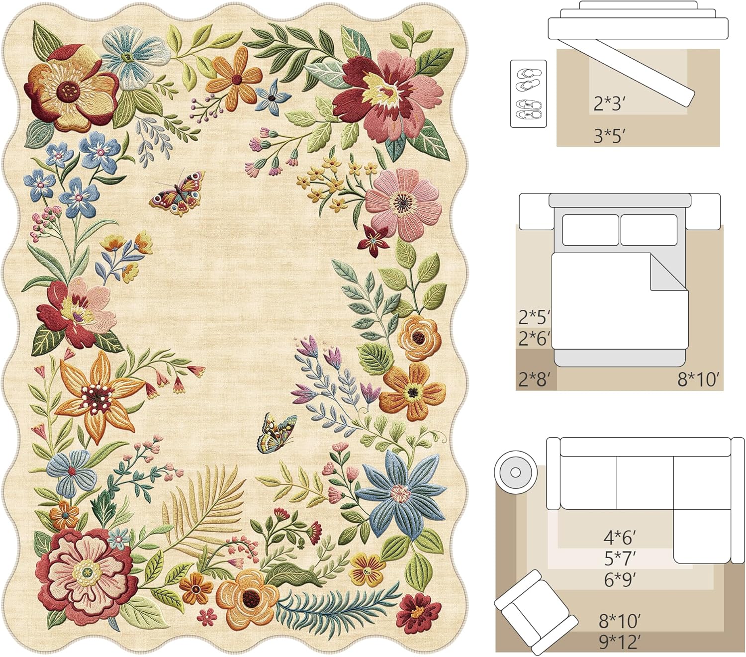FMFUNCTEX 2x6 Runner Rug Floral Washable Beige Neutral Vintage Flower Botanical Cottage Boho Non Slip Low Pile Indoor Carpet Scalloped Hallway Entryway Rugs for Kitchen Bedroom Laundry Entry Bedside