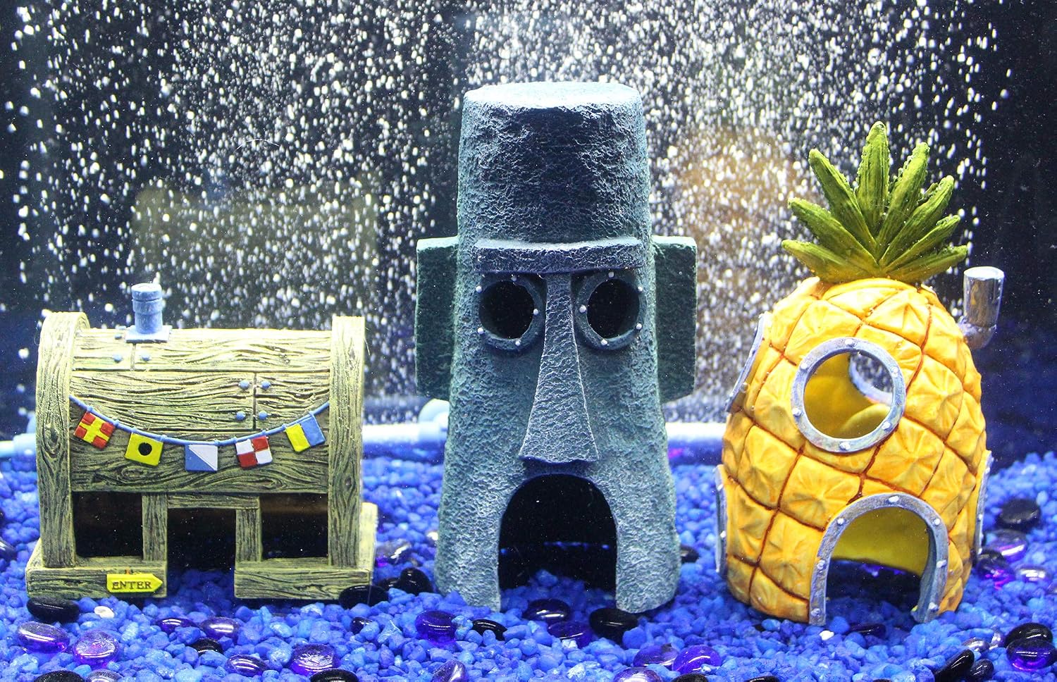 Penn-Plax Spongebob Squarepants Officially Licensed 3-Piece Aquarium Ornament Bundle – Spongebob’s Pineapple House, Squidward’s Easter Island Home, and The Krusty Krab