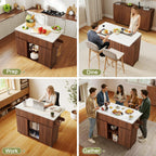 weselon 47" Mobile Kitchen Island with Storage & Drop Leaf, Rolling Kitchen Cart on Wheels with 2 Drawers, Adjustable Shelves, Towel Rack & Hooks, Faux Marble Top Island Table for Kitchen (Walnut)