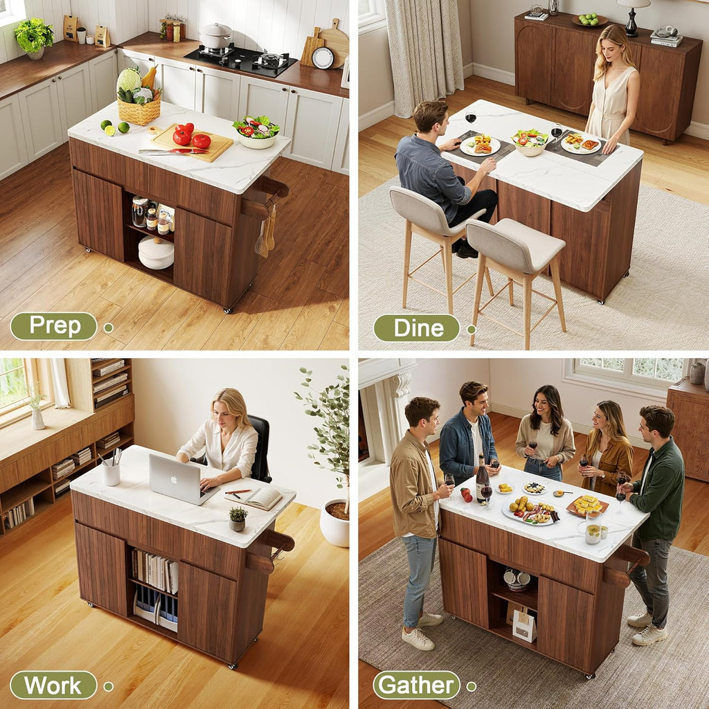 weselon 47" Mobile Kitchen Island with Storage & Drop Leaf, Rolling Kitchen Cart on Wheels with 2 Drawers, Adjustable Shelves, Towel Rack & Hooks, Faux Marble Top Island Table for Kitchen (Walnut)