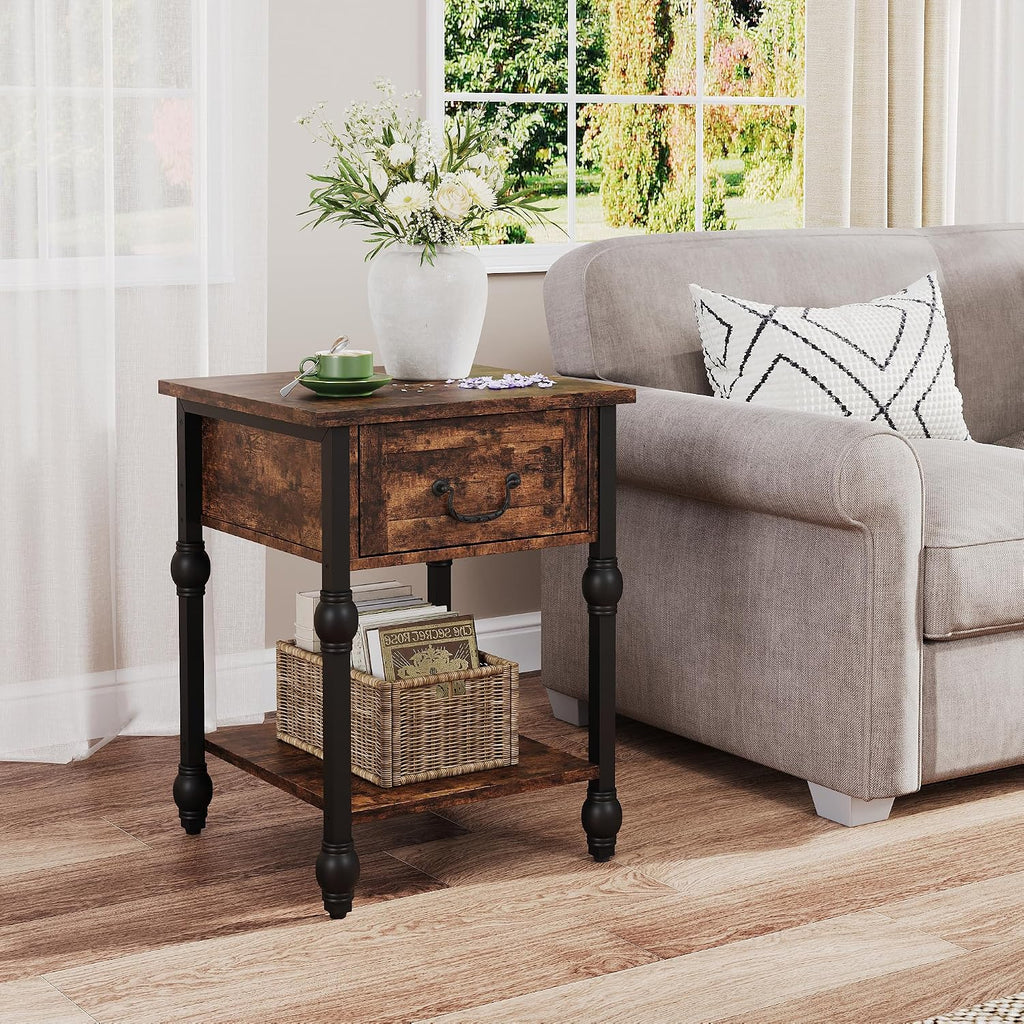 Takywep Small End Table with Drawer & Open Shelf, Vintage Nightstand with Gourd Joint Details, Apartment Square Sofa Beside Table with Storage Shelf for Living Room, Bedroom, 16 * 23in Retro Brown