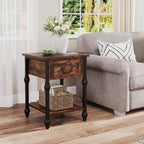 Takywep Small End Table with Drawer & Open Shelf, Vintage Nightstand with Gourd Joint Details, Apartment Square Sofa Beside Table with Storage Shelf for Living Room, Bedroom, 16 * 23in Retro Brown