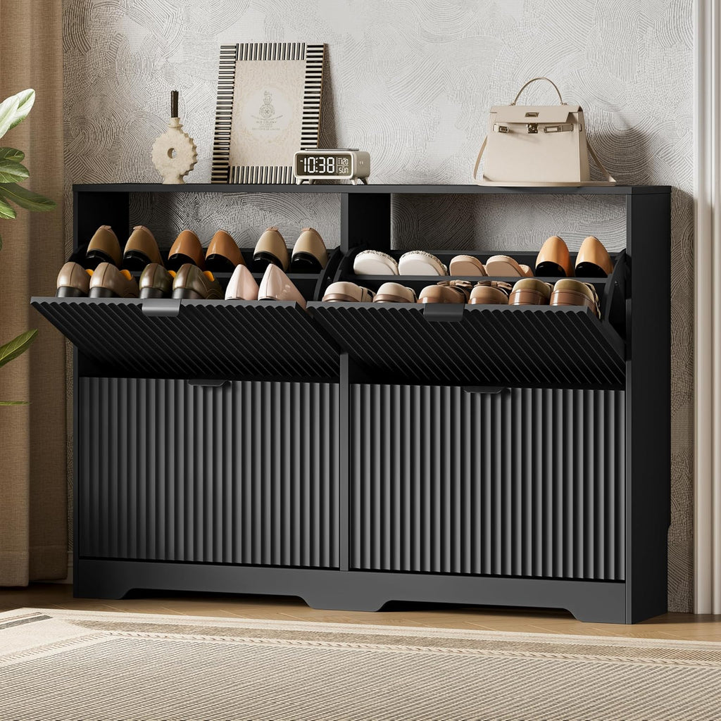 Xixini Shoe Storage Cabinet for Entryway with 4 Flip Drawers, Hidden Slim Wood Shoe Organizer with Modern Fluted Panel, Freestanding Narrow Shoe Rack for Front Door Entrance, Hallway, Foyer, Black