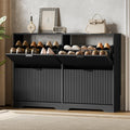 Xixini Shoe Storage Cabinet for Entryway with 4 Flip Drawers, Hidden Slim Wood Shoe Organizer with Modern Fluted Panel, Freestanding Narrow Shoe Rack for Front Door Entrance, Hallway, Foyer, Black