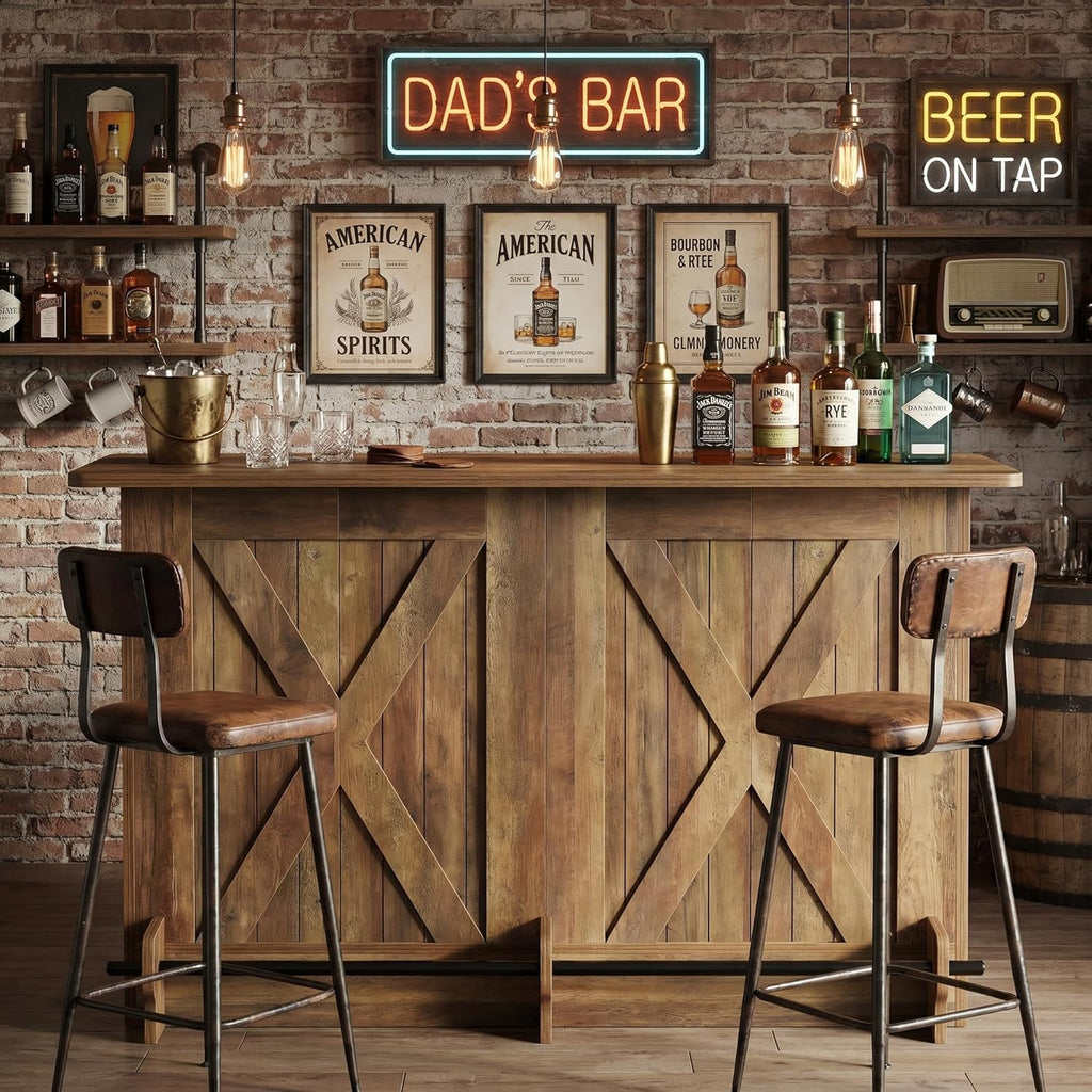 Tribesigns 63" Wooden Bar Table, Farmhouse Home Bar Unit with 2-Tier Storage Shelves and Metal Footrest, Small Bar Cabinet for Kitchen, Dining Room, Bistro (Brown)
