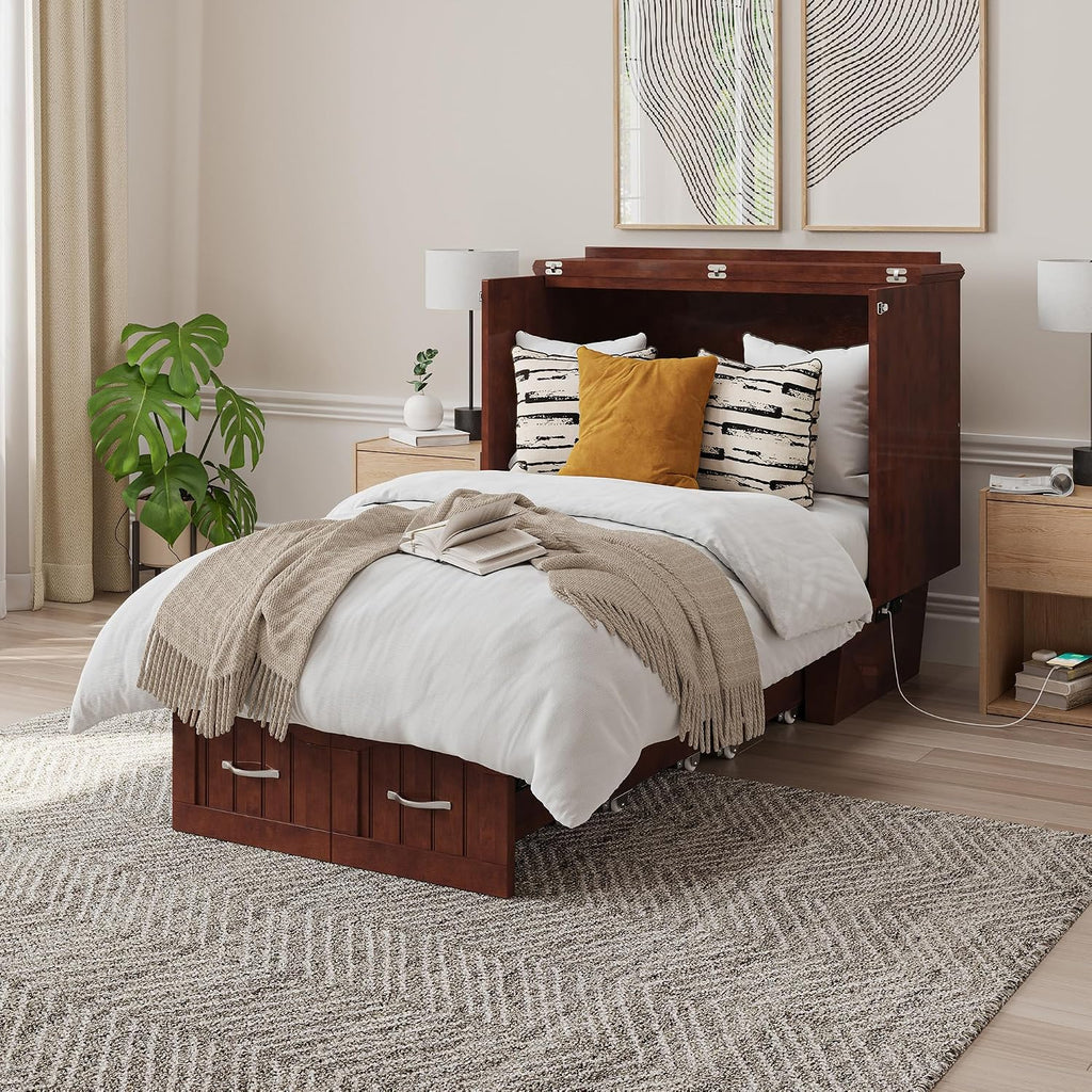 AFI, Sydney Twin Wood Murphy Bed Chest with 6" Mattress, Storage Drawer & Built-in USB Charger, Walnut