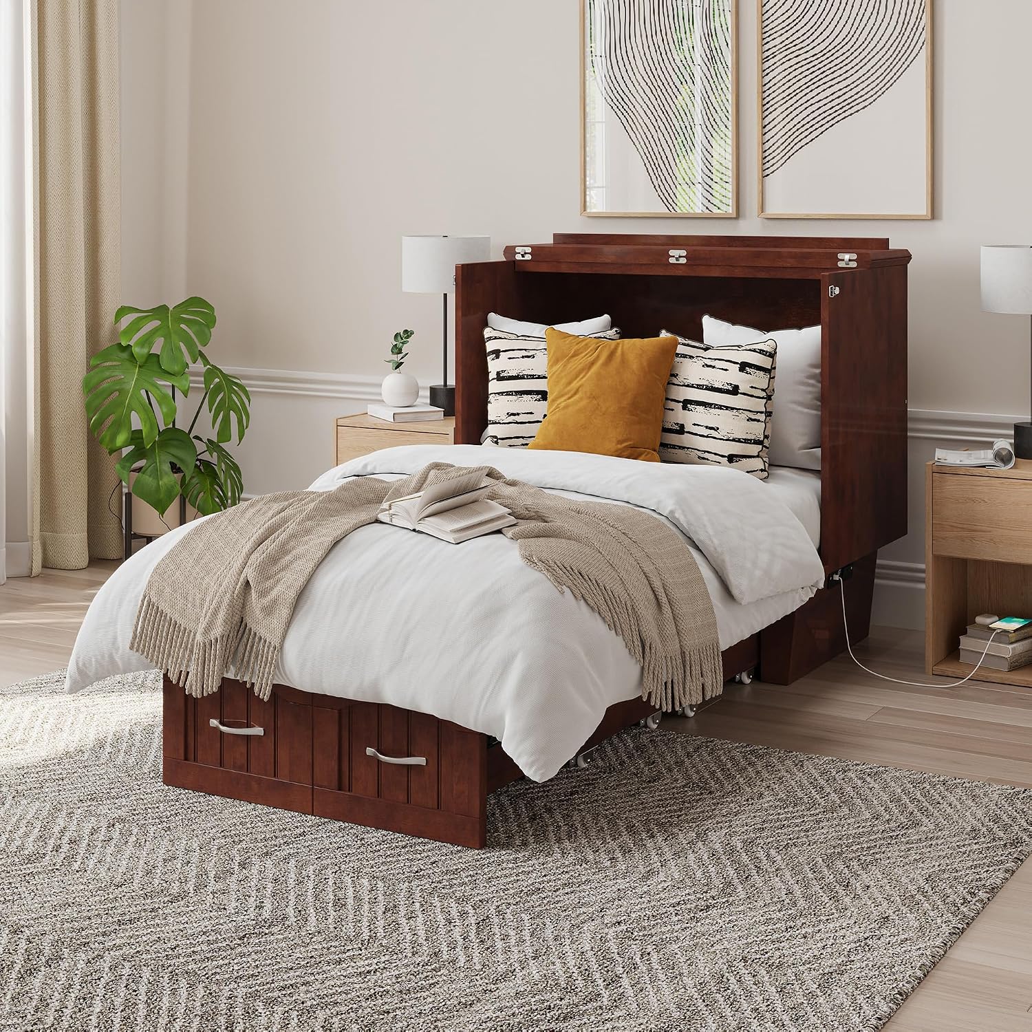 AFI, Sydney Twin Wood Murphy Bed Chest with 6" Mattress, Storage Drawer & Built-in USB Charger, Walnut