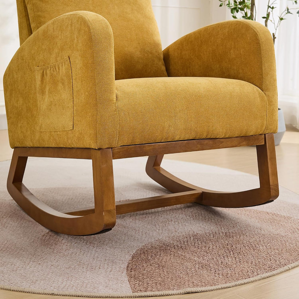 27.2" Rocking Chair for Nursery, Polyeste with Morden High Back and Side Pocket, Rocking Accent Armchair with Rubber Wood Legs for Living Room, Bedroom for Mom Nursery Morden, Mustard