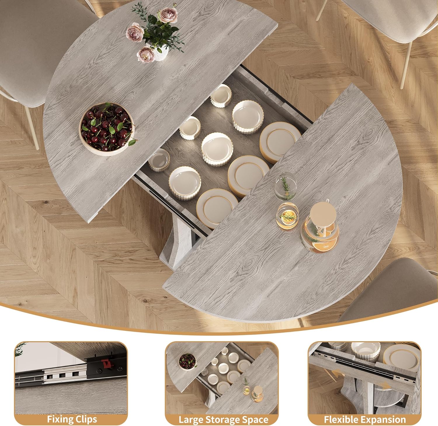 43.3''-59'' Round Extendable Dining Table for 4-6, Modern Kitchen Extendable Dining Room Table with 2-Tier Storage Shelves, Round Oval Dinner Table with Storage for Kitchen Living Room
