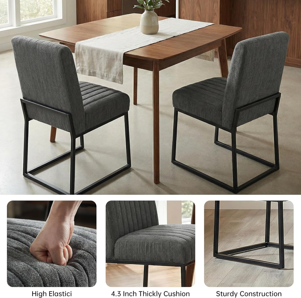 VKNOW Upholstered Dining Chairs Set of 6, Modern Dining Room Chairs with Stripe, Linen Kitchen Chair Dinner Chair with Black Metal Base for Kitchen, Dark Grey
