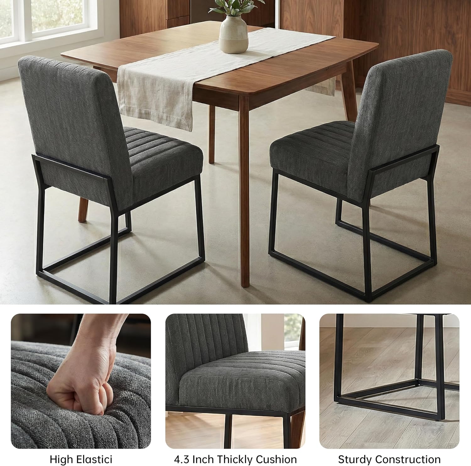 VKNOW Upholstered Dining Chairs Set of 6, Modern Dining Room Chairs with Stripe, Linen Kitchen Chair Dinner Chair with Black Metal Base for Kitchen, Dark Grey