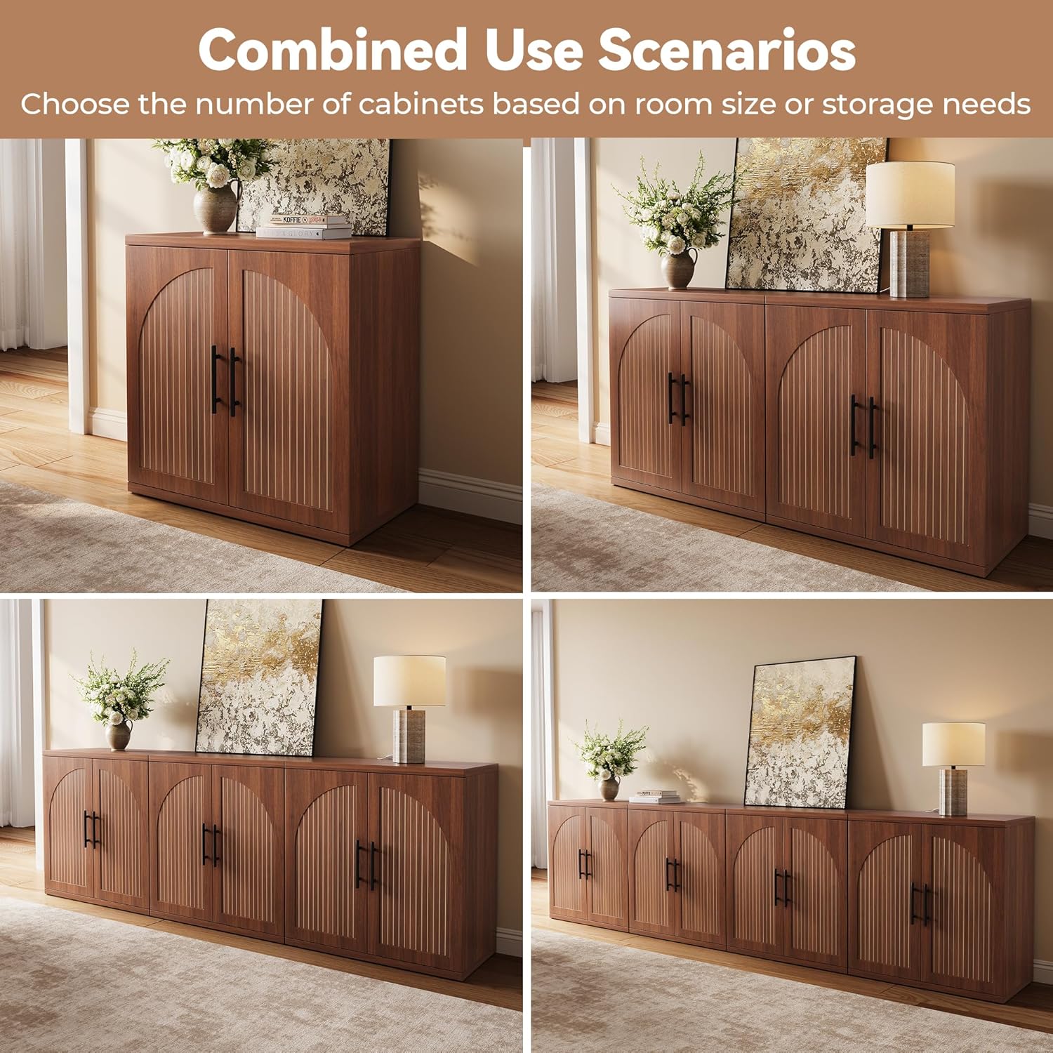 MapleGrace 31.5" Fluted Buffet Cabinet with Storage, Mid-Century Symmetrical Arched Sideboard Credenza with Adjustable Shelf, Large Wood Console Table for Dining Room, Kitchen, and Living Room(Walnut)
